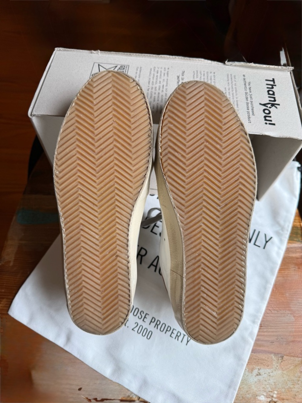 Golden Goose White Leather Low-Top Sneakers with Beige Star and Tan Heel - Picture 6 of 13